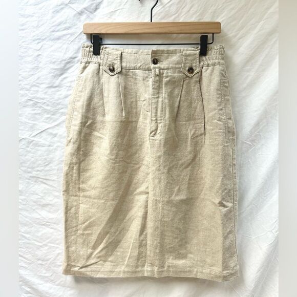 Vintage Liz Claiborne Linen Blend Skirt Sandstone Button Front Modest Pencil 12 - Picture 1 of 6